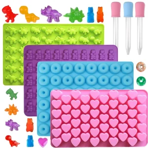 Molde de gomitas para niños, incluye mini dinosaurio, oso, corazones y mini dona. 201 cavidades, 3 goteros. 4 unidades