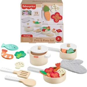 Fisher-Price Juego de ollas y sartenes de juguete de cocina de madera, 19 piezas